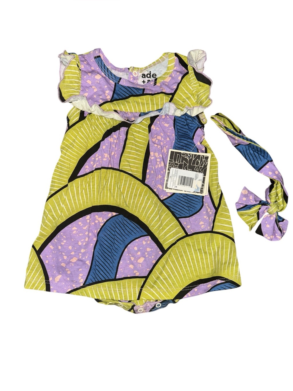ade + ayo Baby 12M Bright Purple & Lime Arch Print Baby Dress with Headband NWT